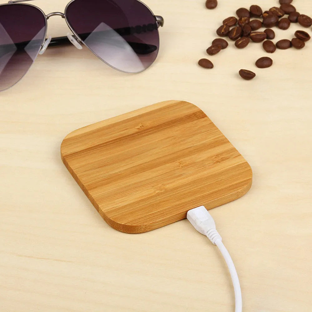 Square wooden bamboo 5W wireless charging pad measuring 92x92mm