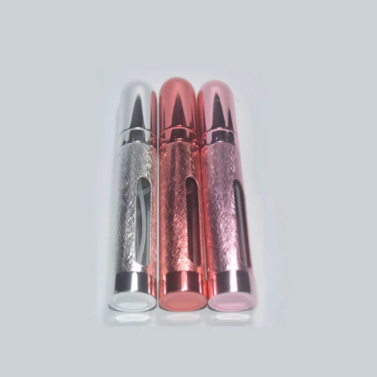 12ml portable perfume bottle, aluminium bottle with glass liner, 115mm x 20mm, 24g, shown in blue gold pink red silver violet