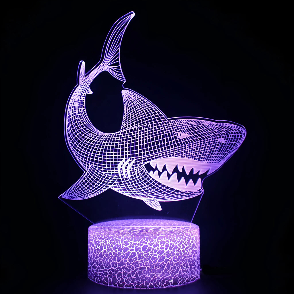 Shark Series 3D LED table lamp with acrylic light guide plate glowing in blue on an 85mm ABS base