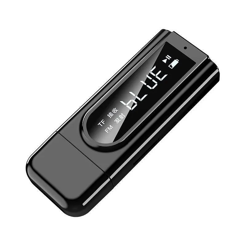 Black USB car FM Bluetooth receiver with USB and AUX ports for wireless audio streaming