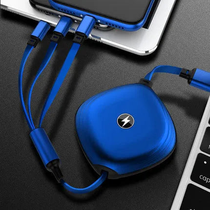 3 in 1 telescopic charging cable extended to show titanium alloy connectors and TPE wire body