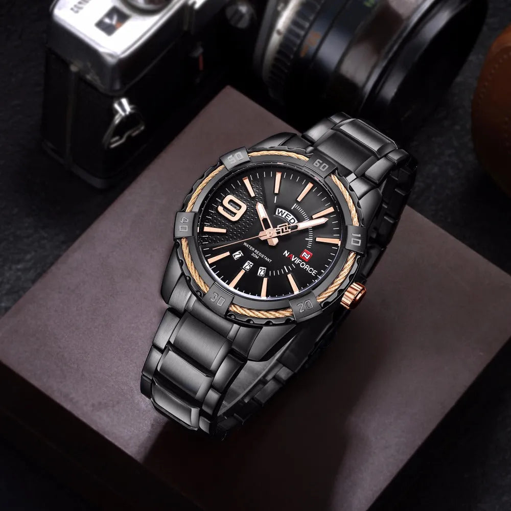 Men's waterproof quartz watch with silver alloy case, stainless steel strap, 46mm round dial and world time display.