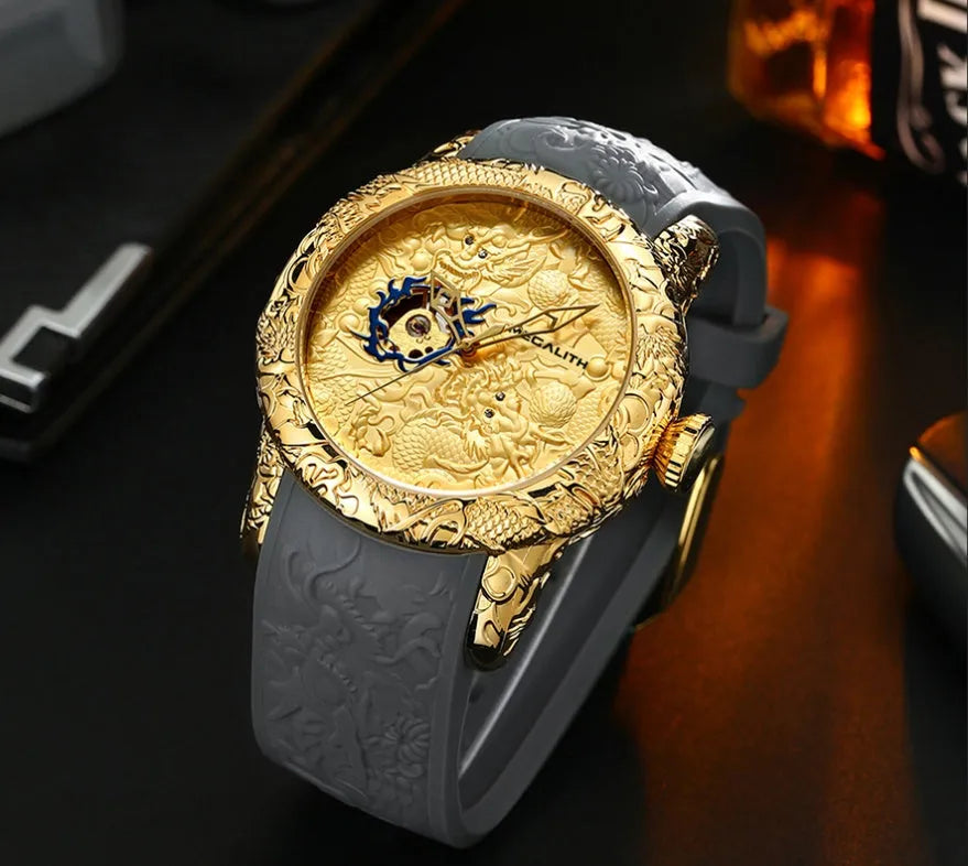 Dragon pattern mechanical watch with black rubber band, 50mm case, and gold or black colour options