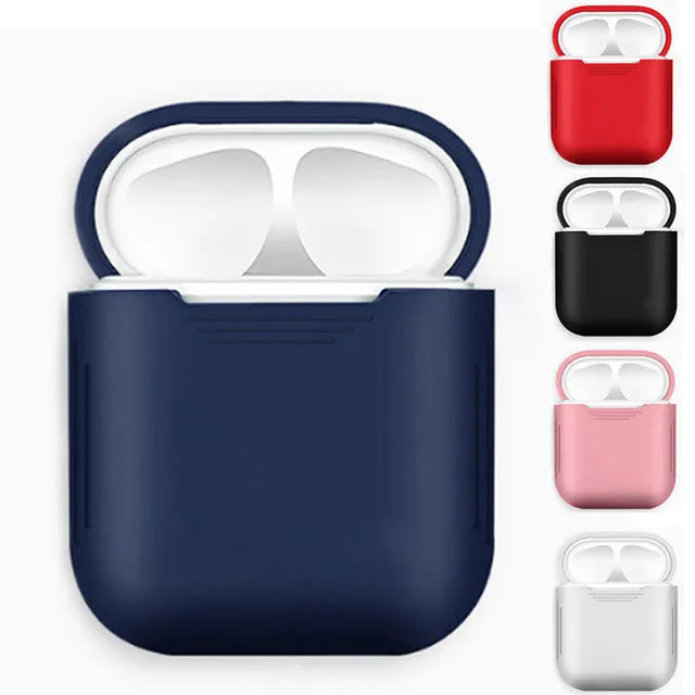 Colour options for a silicone shockproof AirPods case with an antiloss rope attached.