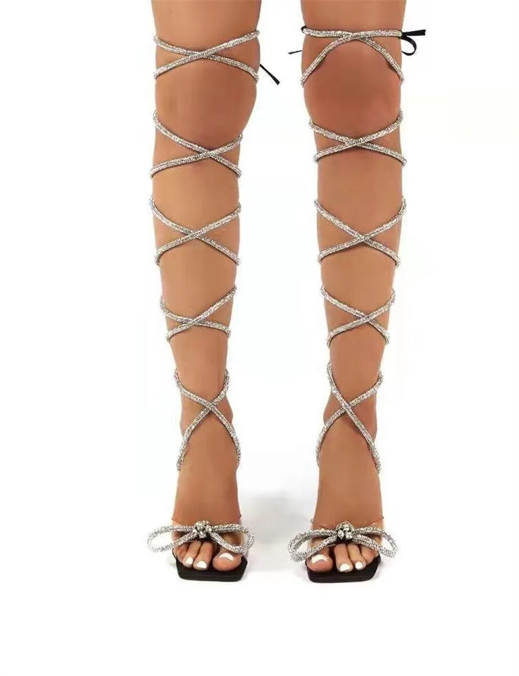 Plus size women's strappy sandals with rhinestone Roman straps and square toe