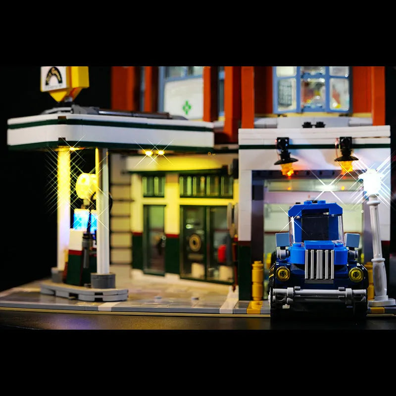 MOC plastic LED lighting accessories kit showing corner repair shop lighting groups for construction toys