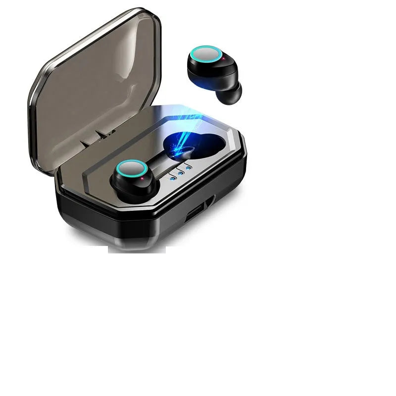 X9 wireless in-ear Bluetooth headset, black plastic, IPX7 waterproof, with charging bay.