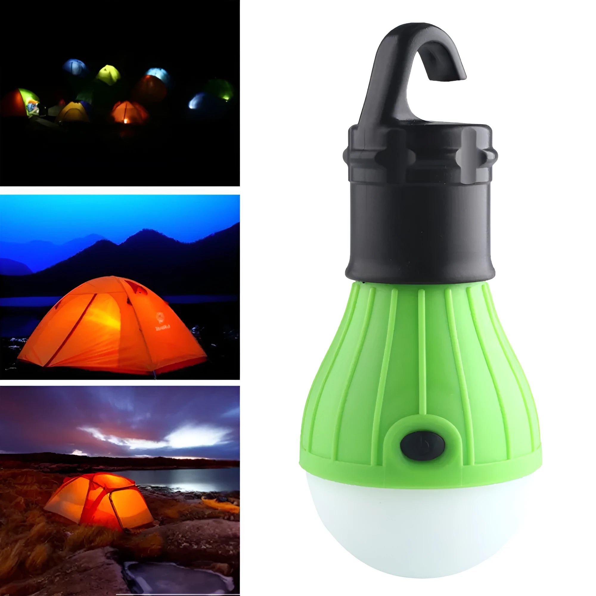 Portable LED camping light with hanging hook showing red, yellow, blue and green colour options