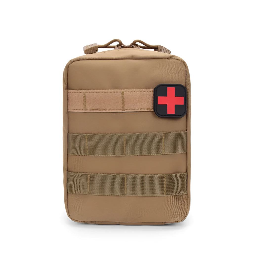 Army green tactical medical accessory bag with Velcro patches, shown with dimensions.
