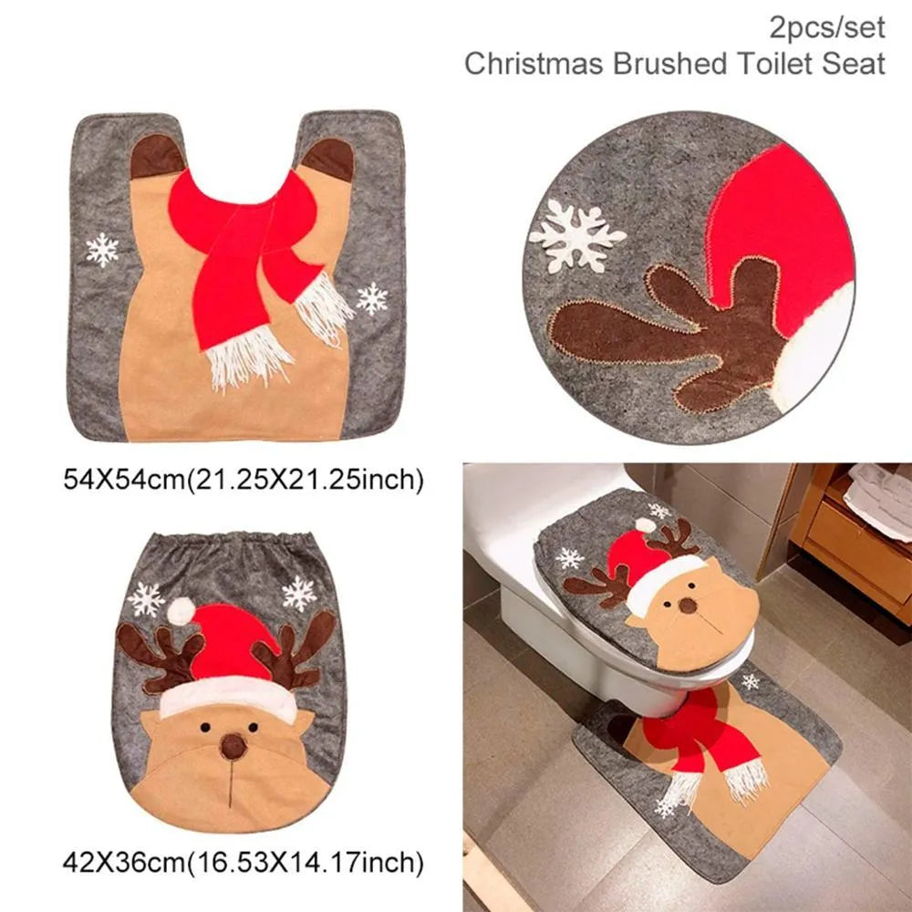 Christmas bathroom set with Santa toilet cover, shower curtain and floor mat in flannel fabric