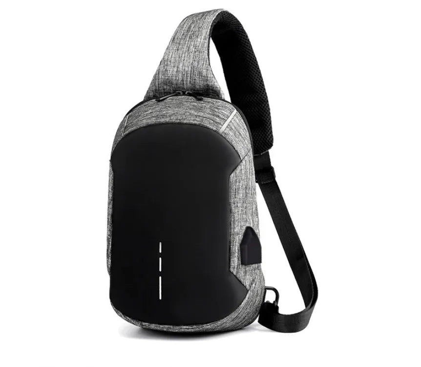 Oxford cloth waterproof chest bag in dark blue colour showing front zipper compartment and adjustable strap