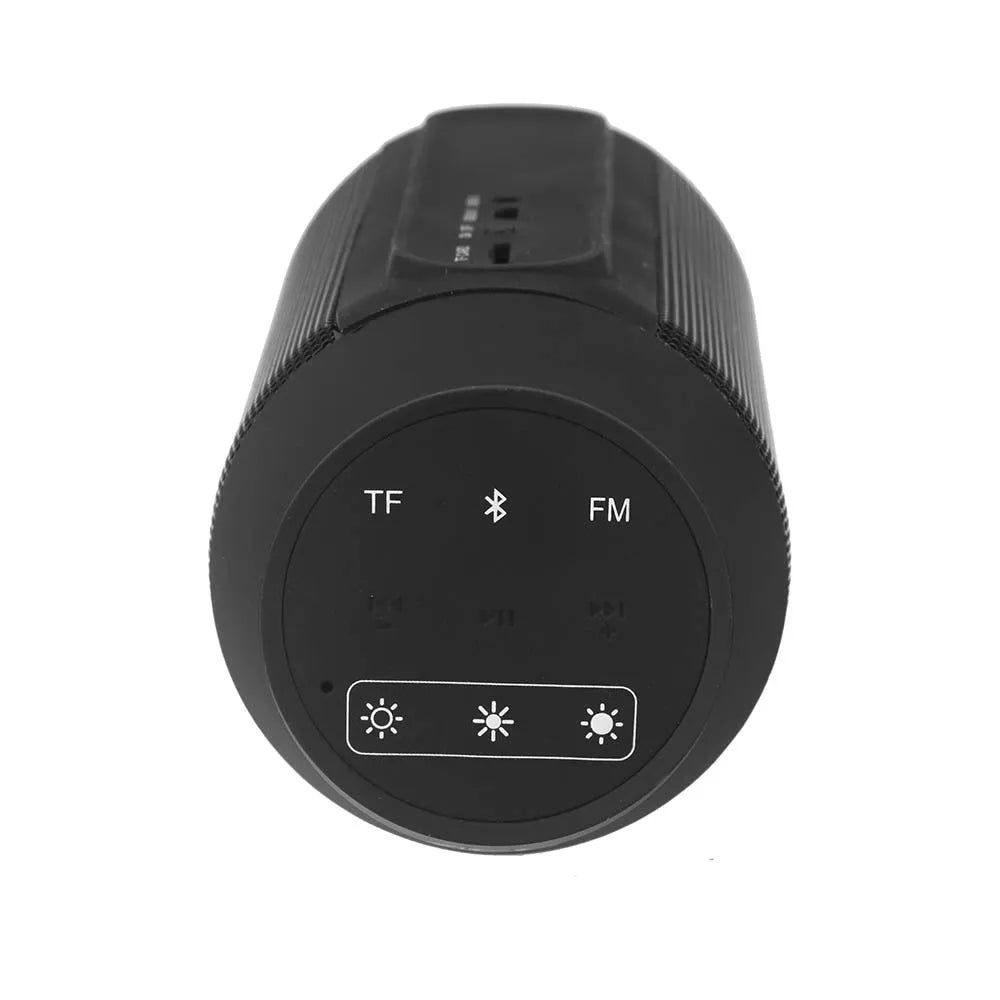 Mini black Bluetooth stereo speaker with colourful RGB lights displaying on front panel
