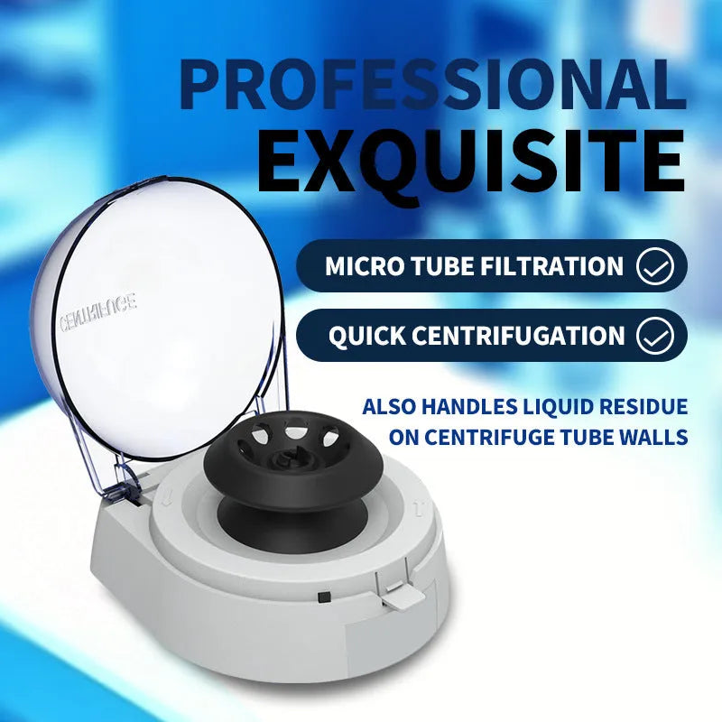 Compact white mini laboratory centrifuge on a bench-top with display showing 7000 rpm.