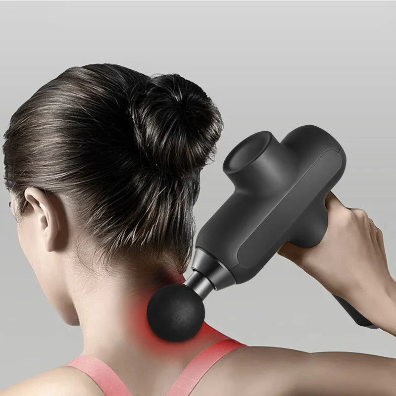 Black rechargeable muscle massager with six massage heads showing gear settings and dimensions