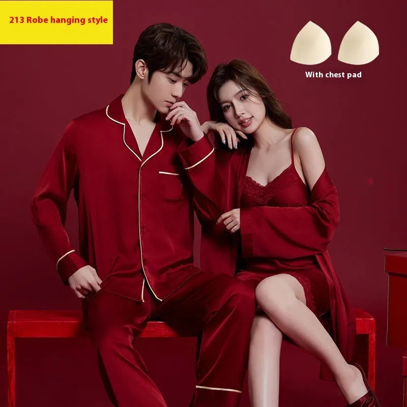 Red long sleeve pyjama set for men and women, presented as a wedding dowry gift.