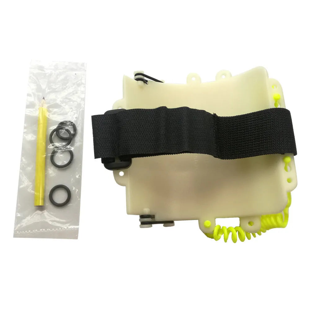 White luminous underwater writing board mounted on diving wrist with pencil and spare O-ring