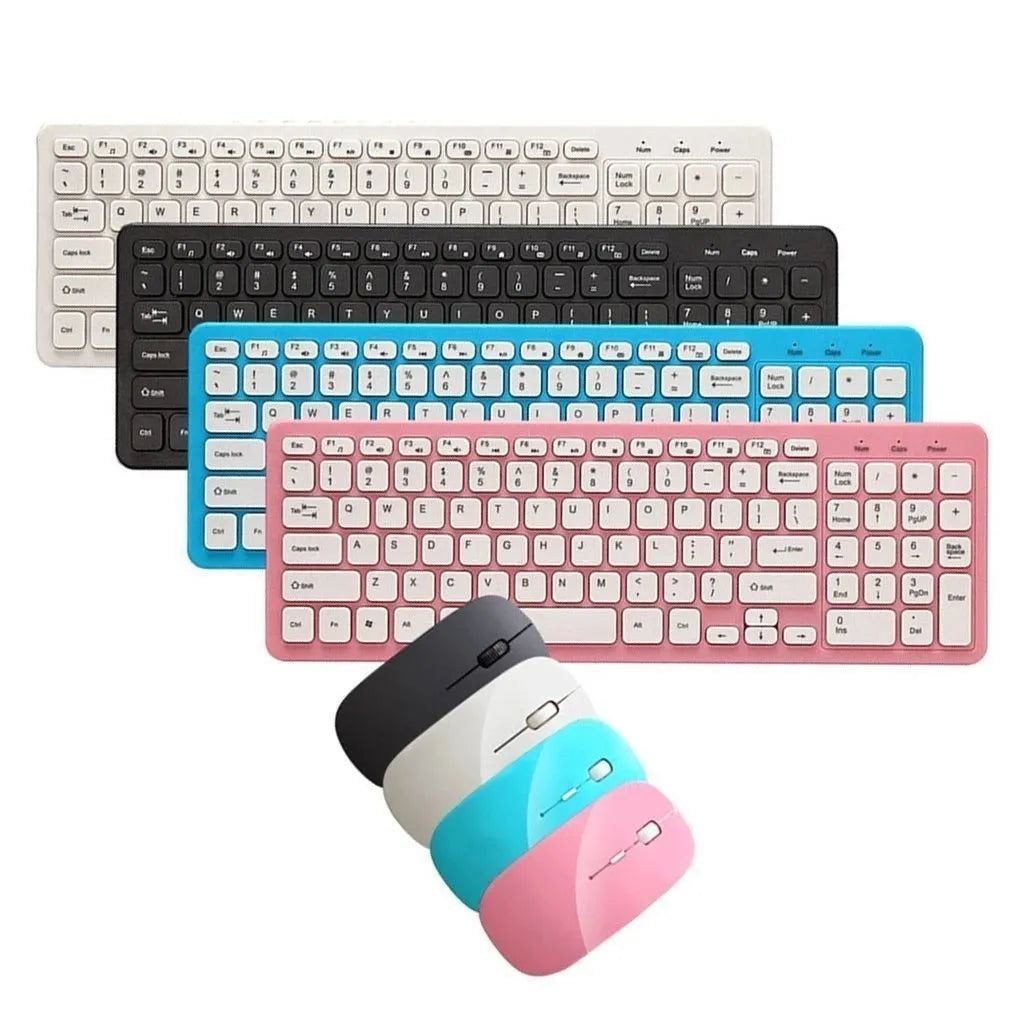 Black wireless keyboard and mouse set on a desk showing compact 96-key layout and adjustable DPI mouse.