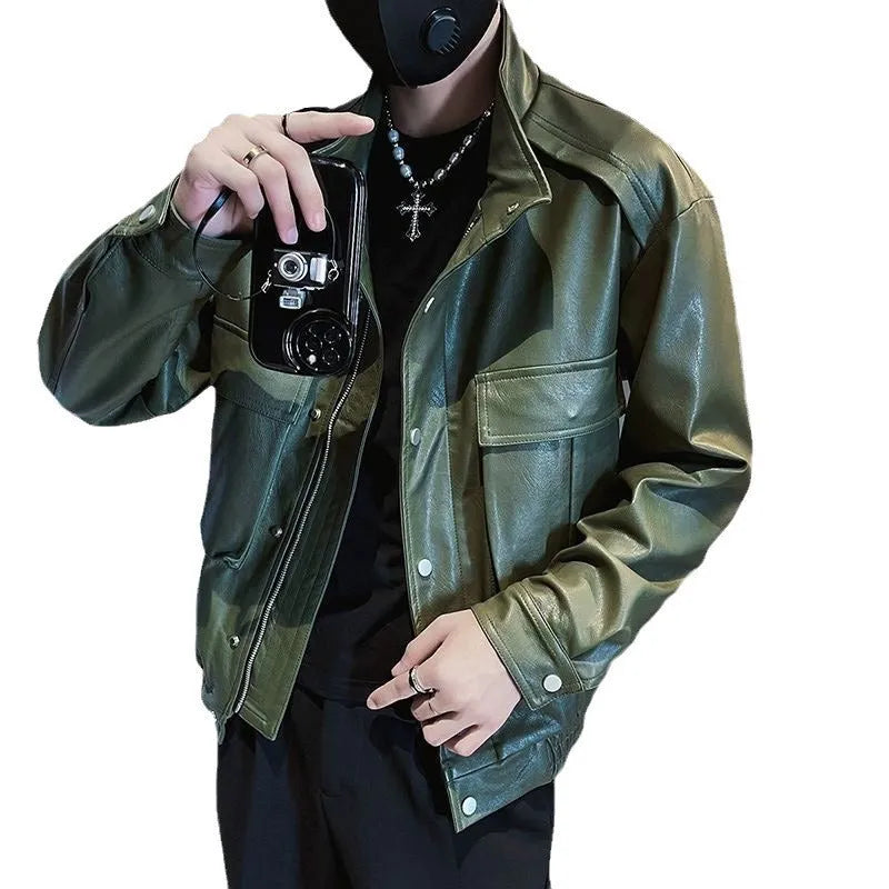 Korean style black PU leather pilot jacket for men with straight hem design