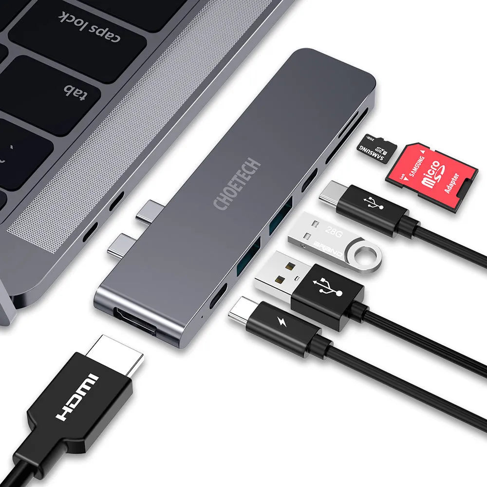 USB-C multi-port adapter with SD and Micro SD card reader slots and Thunderbolt 3 connection