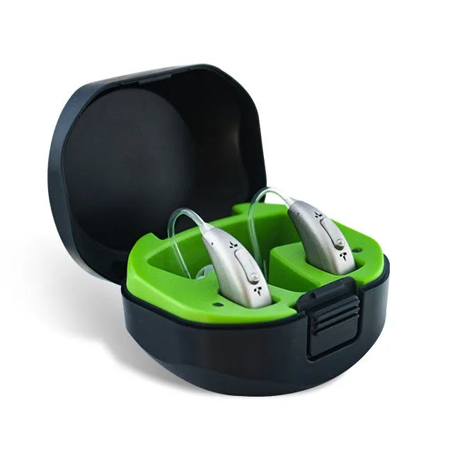 Wireless invisible hearing aid with USB charging case showing blue and green indicator lights