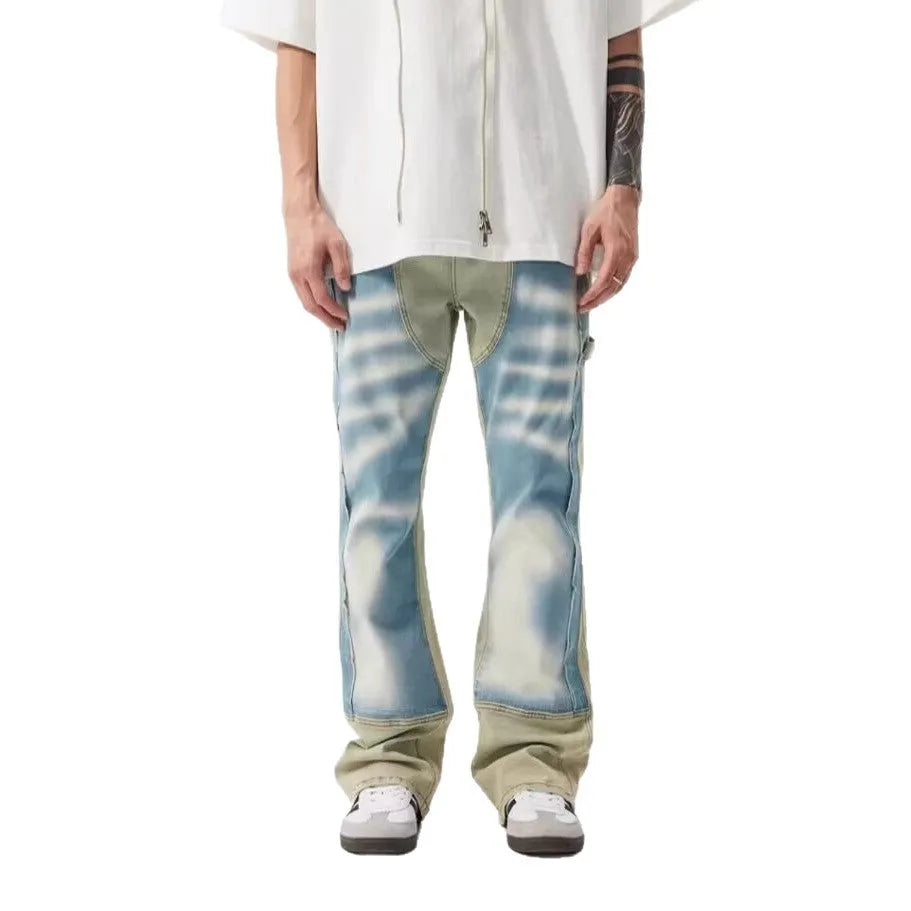 Yellow and blue retro patchwork splash-ink damaged design jeans with mid waist and zip fly