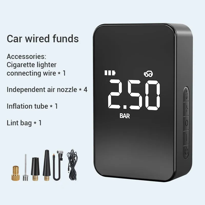 Wireless digital display air pump with compact design and multiple nozzle attachments for tyre inflation