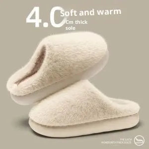 Non-slip winter cotton-padded slippers with artificial wool lining and plush upper, flat heel, sizes 36-45