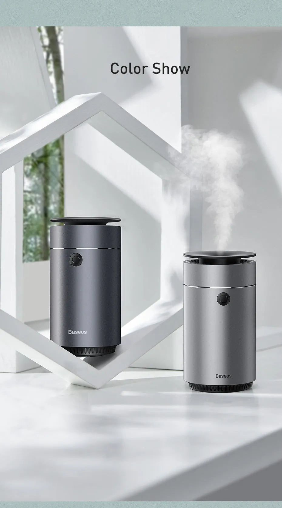 12V metal car air purifier in grey or silver, designed for in-car use