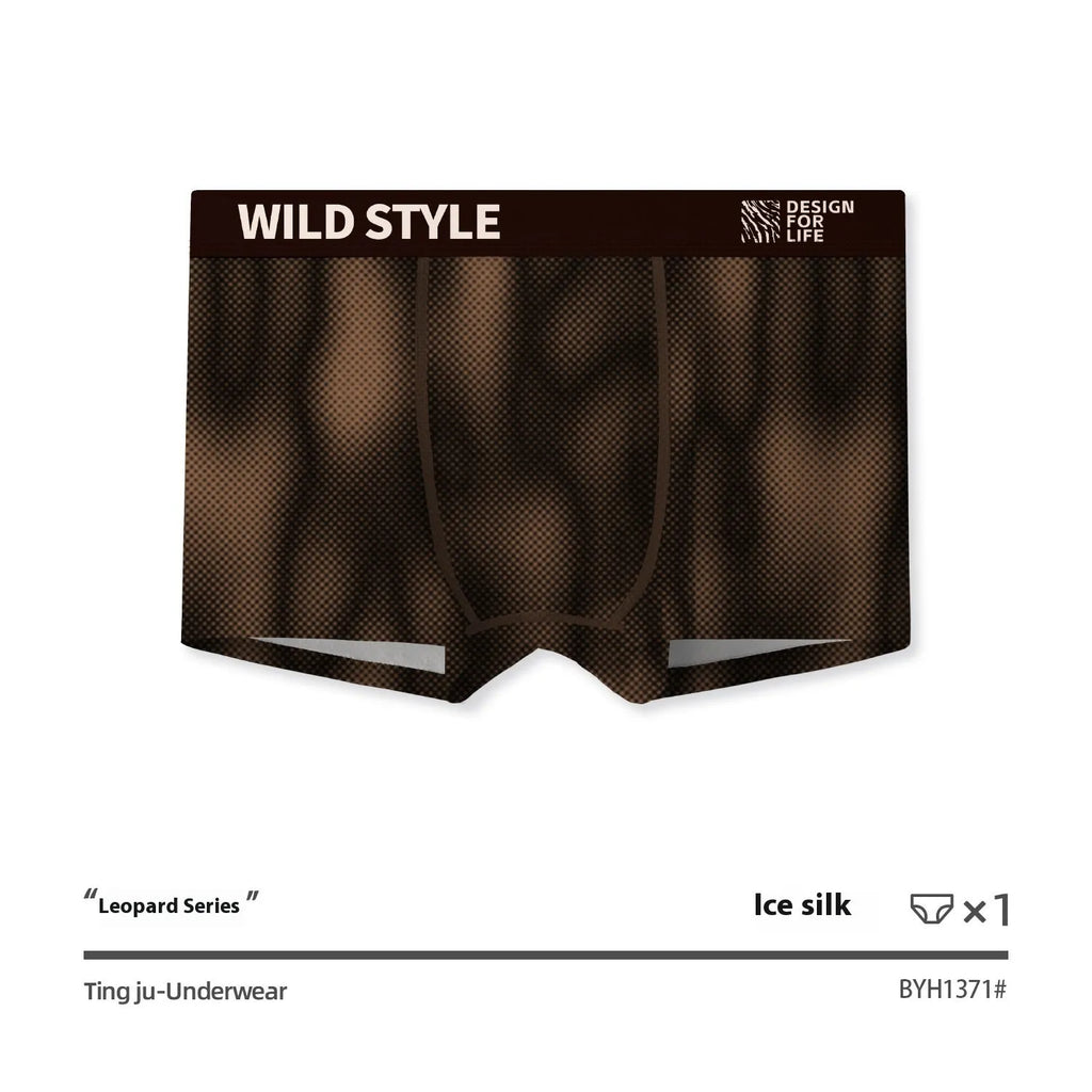 Men's ice silk leopard print mid waist briefs in polyester, available in four colours and sizes L to XXXL