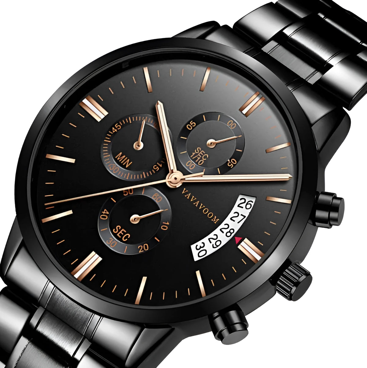 Men's stainless steel quartz watch with round dial, calendar display, and butterfly clasp