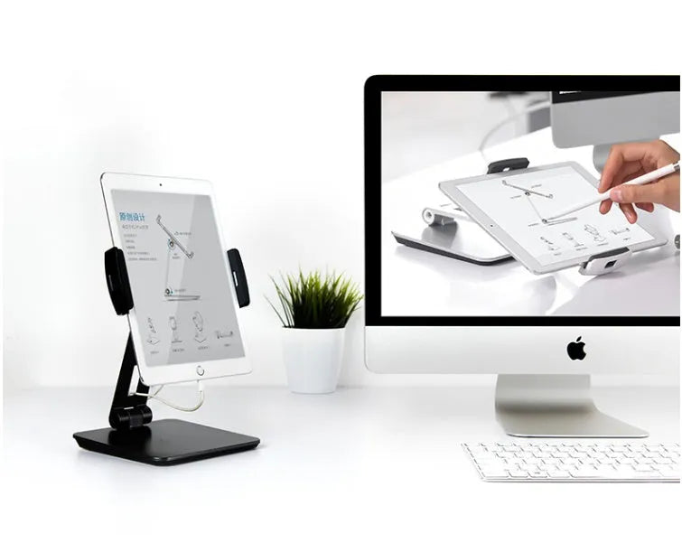 Folding aluminium phone and tablet holder with 360° rotation in black or silver