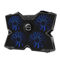 Blue laptop cooling base with four LED fans and two USB ports visible on the side