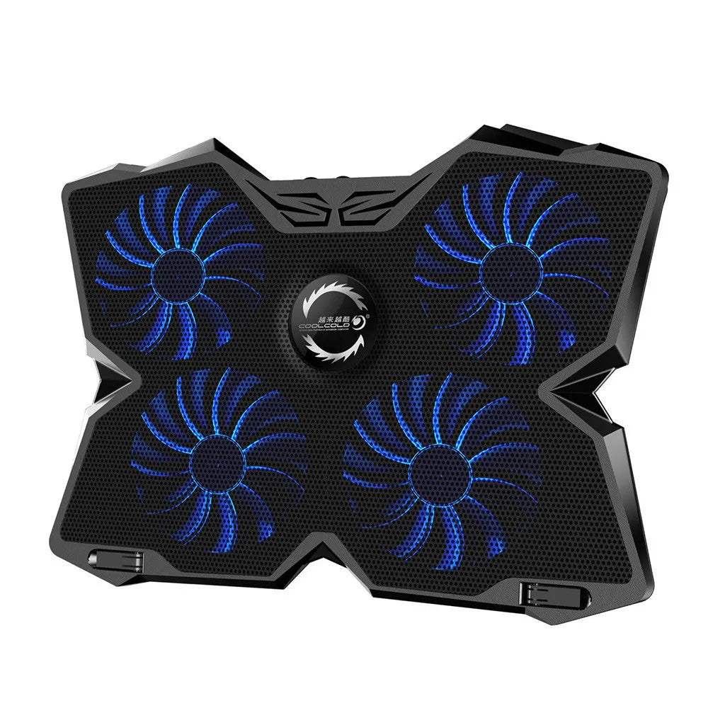 Blue laptop cooling base with four LED fans and two USB ports visible on the side