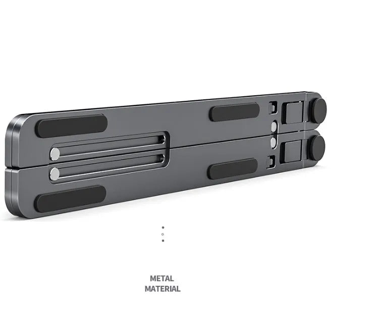 Foldable aluminium laptop stand in silver colour, shown extended and collapsed.