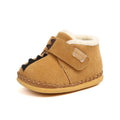 Children's winter cotton shoes with fleece lining and Velcro, in dark brown, grey, and camel.