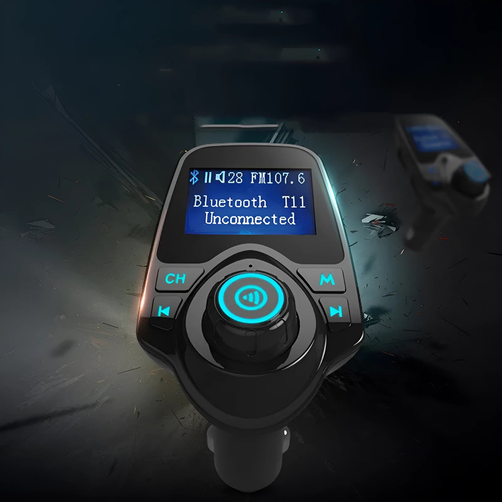 Black G7 car Bluetooth FM transmitter with USB port and memory card slot for hands-free calling and music streaming