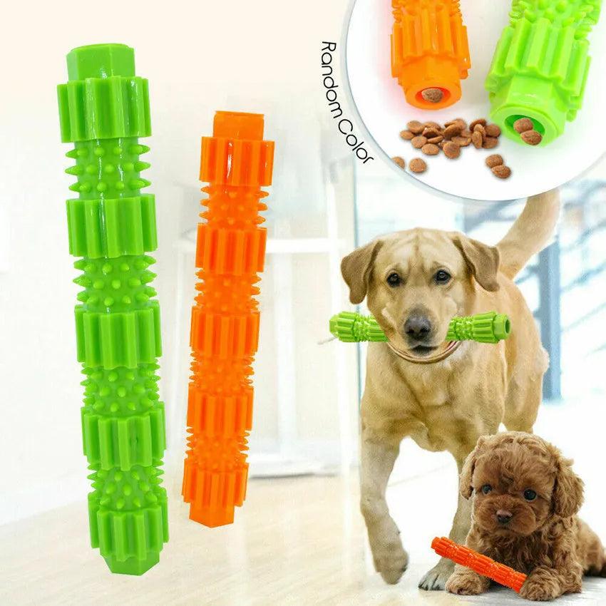 Green durable rubber dog chew toy with textured ridges and a hollow treat-dispensing centre.