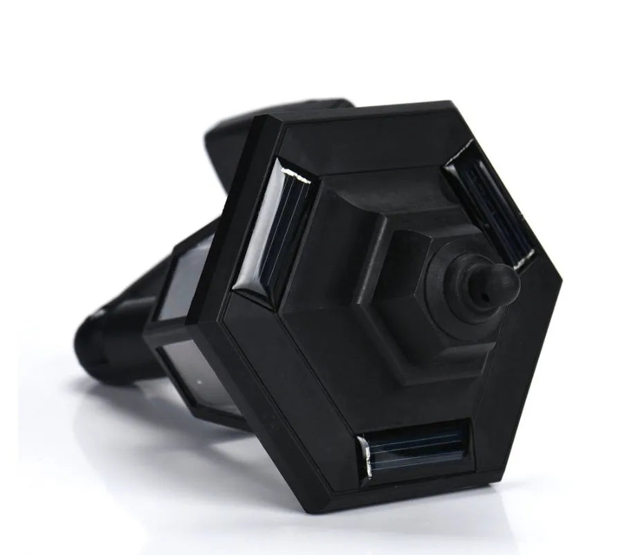 Black hexagonal solar-powered outdoor wall light with visible solar panel.