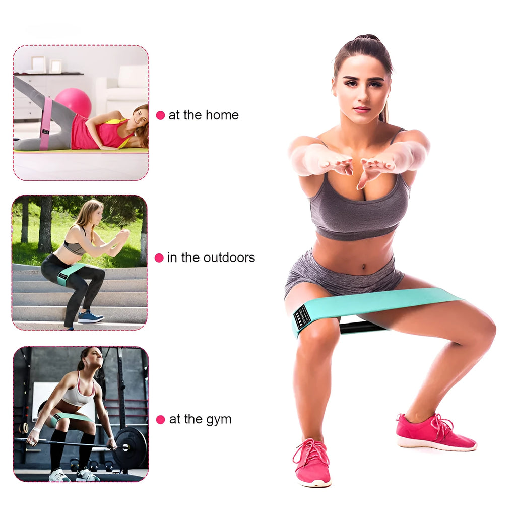 Squat resistance band hip ring in green, pink, or purple, made from latex silk and polyester webbing for fitness training.