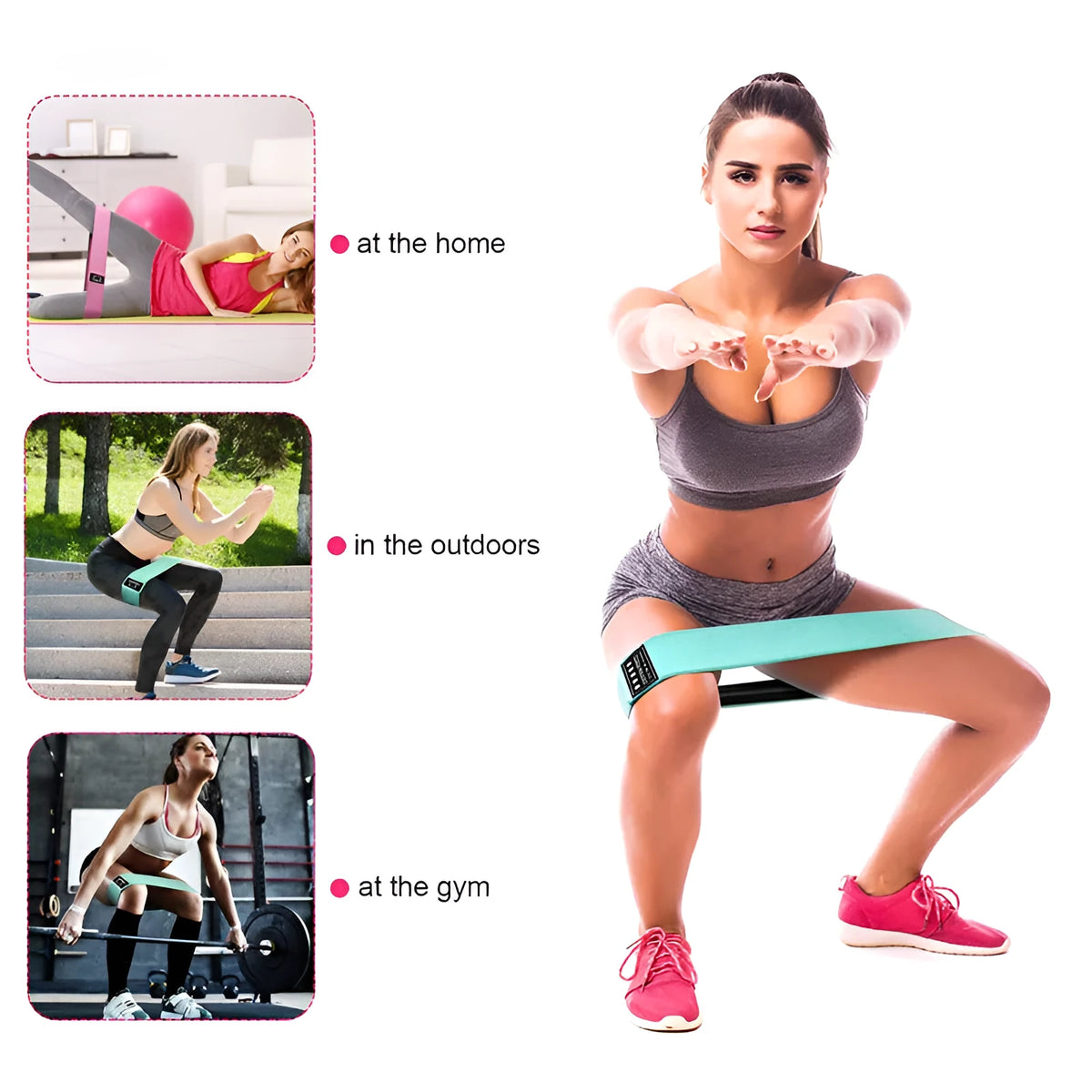 Squat resistance band hip ring in green, pink, or purple, made from latex silk and polyester webbing for fitness training.