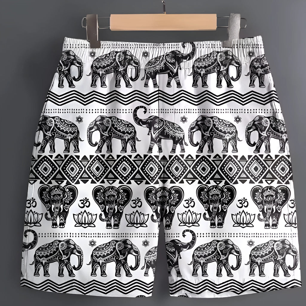 Men's polyester leisure shorts available in multiple patterns and colours with extended sizing options