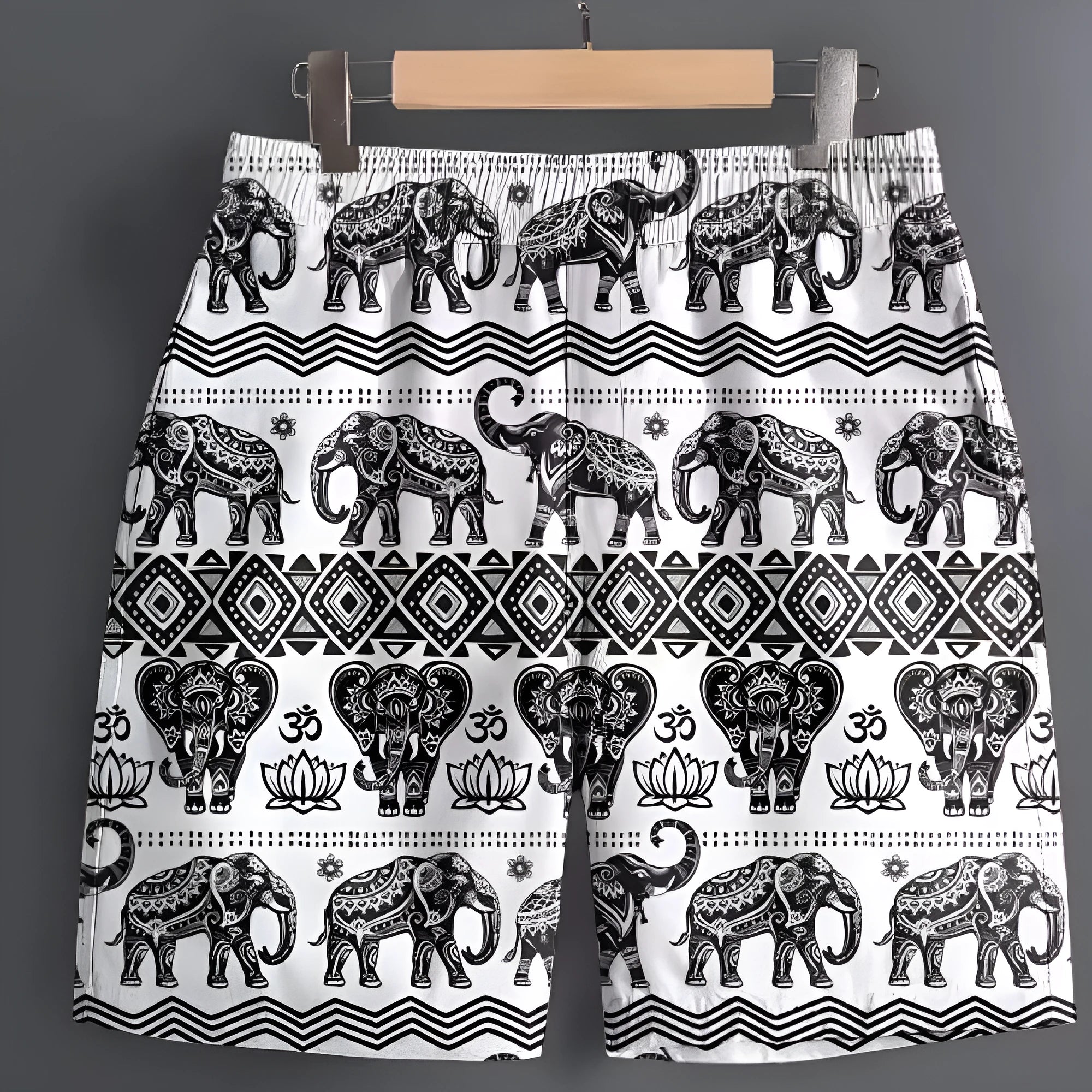 Men's polyester leisure shorts available in multiple patterns and colours with extended sizing options