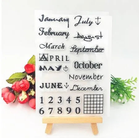Vintage icon calendar rubber stamp made from clear silicone for craft projects.