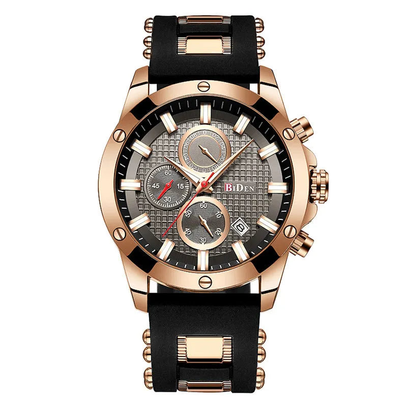 Men's quartz watch with 40mm round dial, silicone band, alloy case, and 30M waterproof rating.