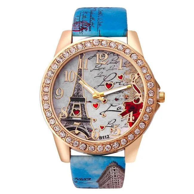 Ladies quartz wristwatch with Eiffel Tower dial, PU leather strap, 40mm alloy case, six colours