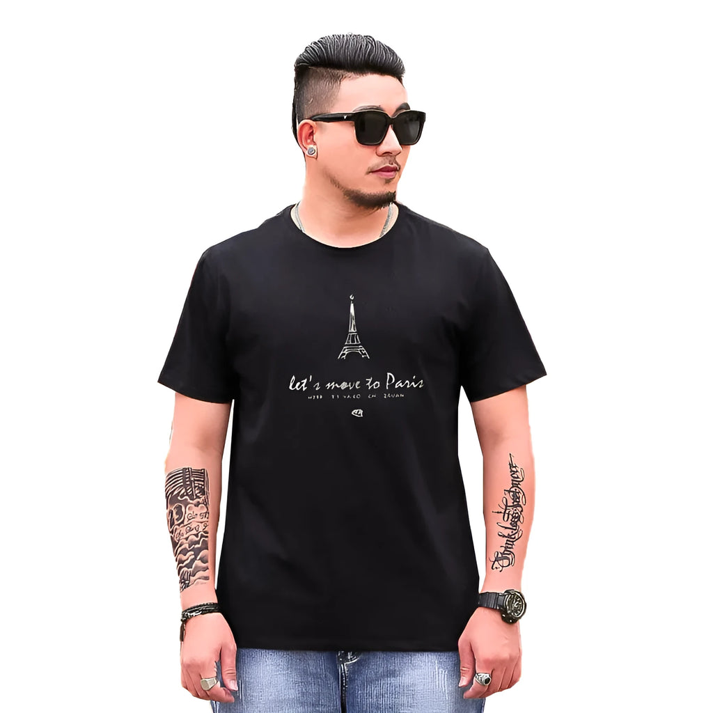 Eiffel Tower printed men's loose plus size T-shirt with short sleeves and round neck in black, claret or dark green.