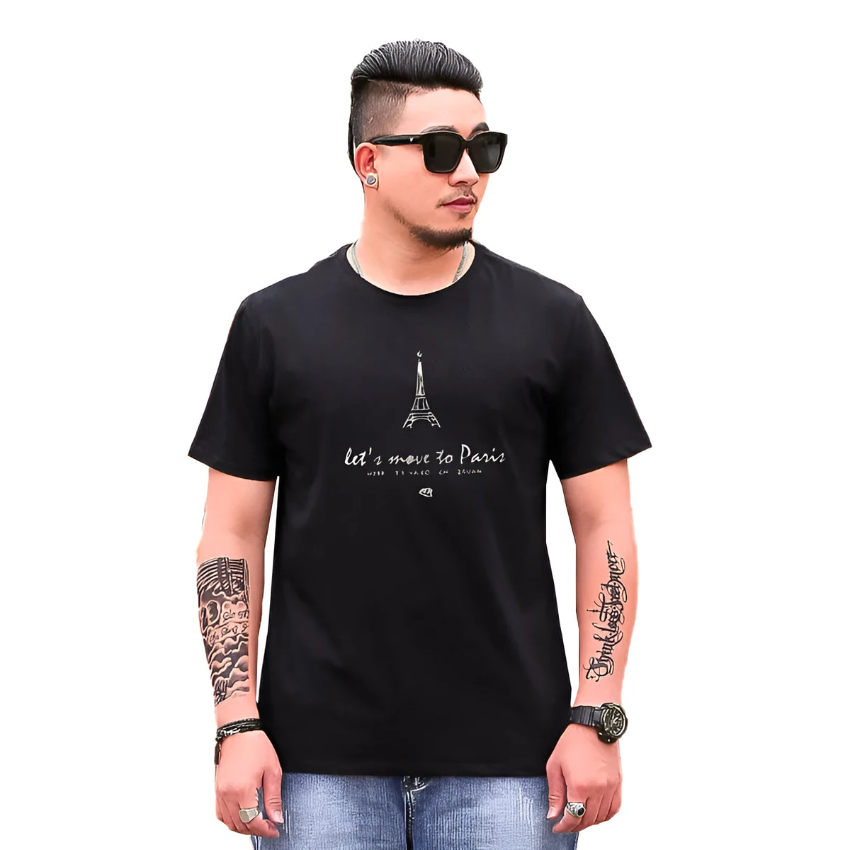 Eiffel Tower printed men's loose plus size T-shirt with short sleeves and round neck in black, claret or dark green.