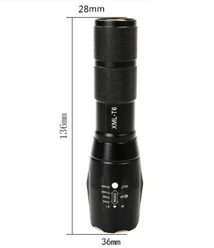 Black aluminium alloy zoomable LED flashlight with adjustable focus ring and textured grip.