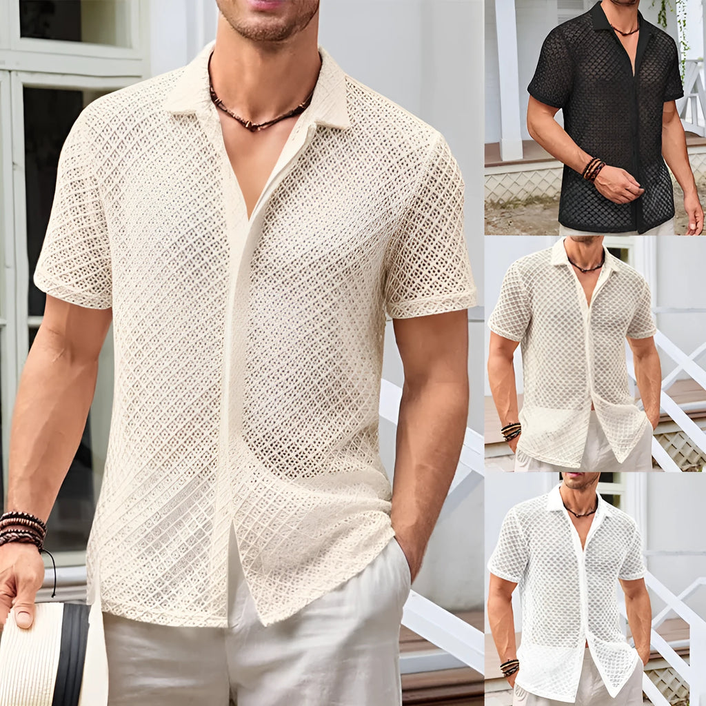 Men's beige mesh short sleeve shirt cardigan on hanger