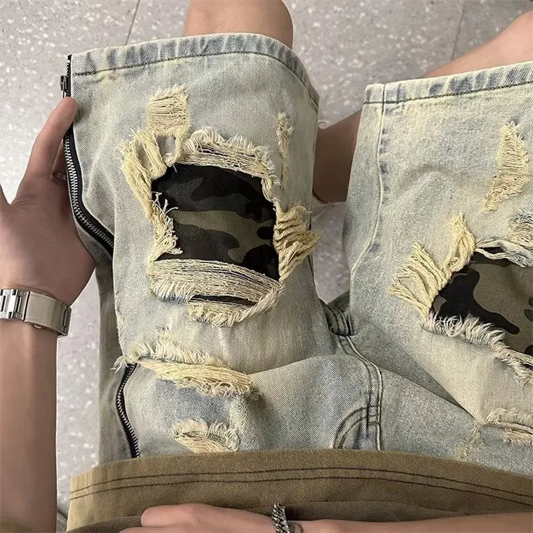 Men's yellow mud camouflage denim shorts with ripped detailing and straight-leg Korean cut